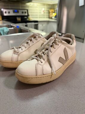 Veja Leather Sneakers in Off-White with Taupe V Logo